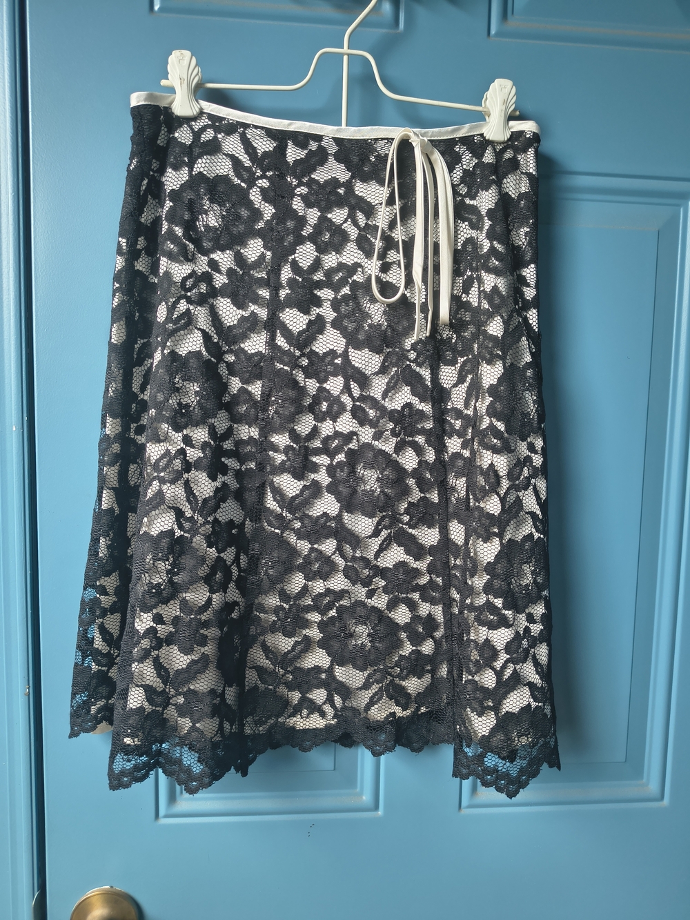 Notations Black Floral Lace A-Line Skirt with Cream Waist Tie